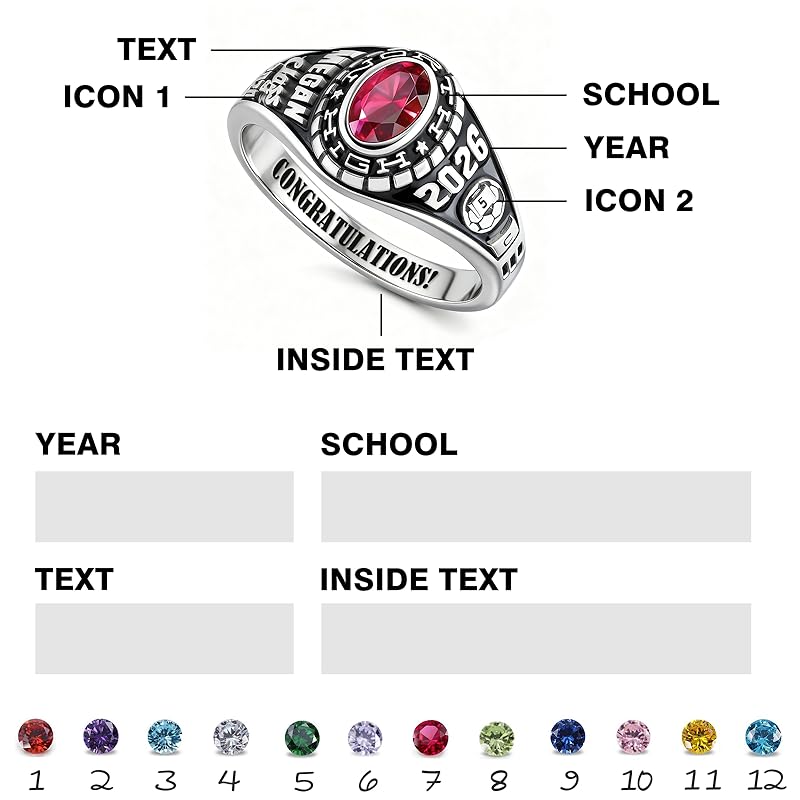 Sterling Silver Personalized Pattern Engraved Class Ring Graduation Ring