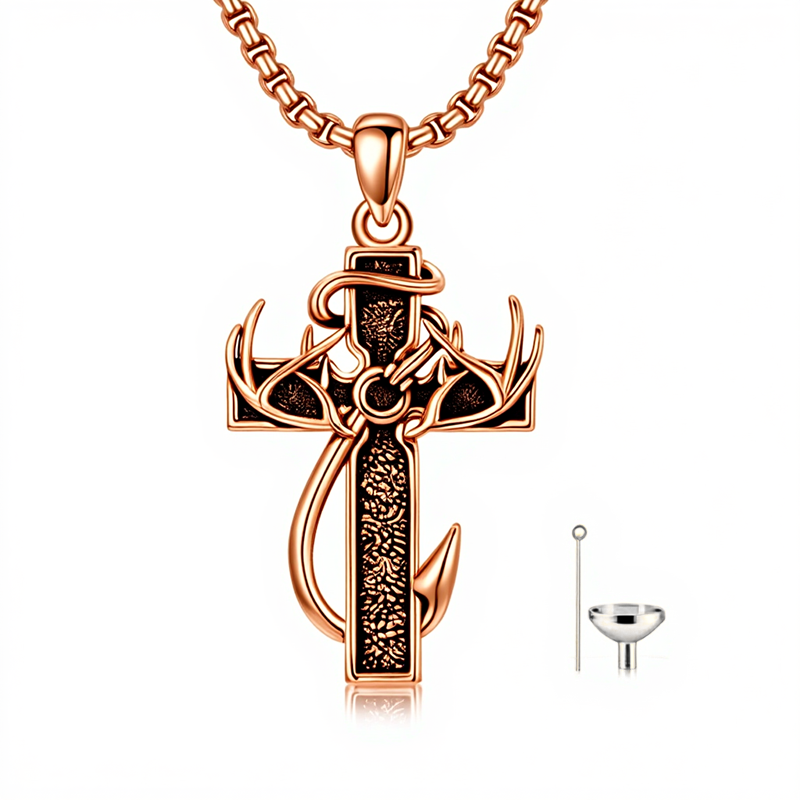Sterling Silver Deer Antler Fish Hook & Cross Urn Necklace for Ashes