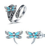 Sterling Silver Turquoise Dragonfly Spoon Ring and Dragonfly Sunflower Earrings