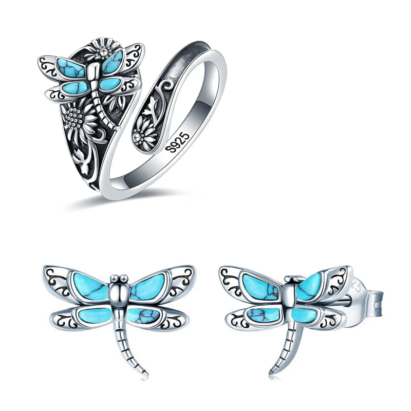 Sterling Silver Turquoise Dragonfly Spoon Ring and Dragonfly Sunflower Earrings