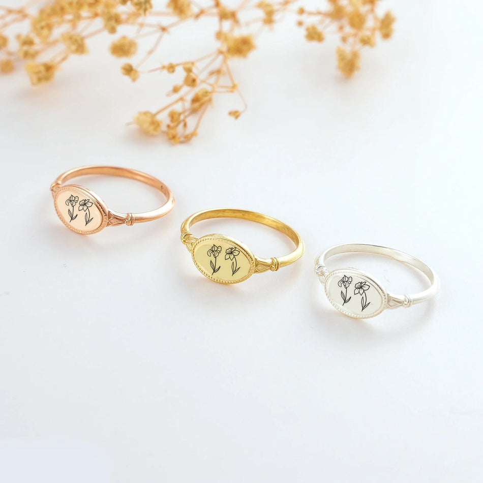 Sterling Silver Personalized Birth Flower Ring Wildflower Nature Ring