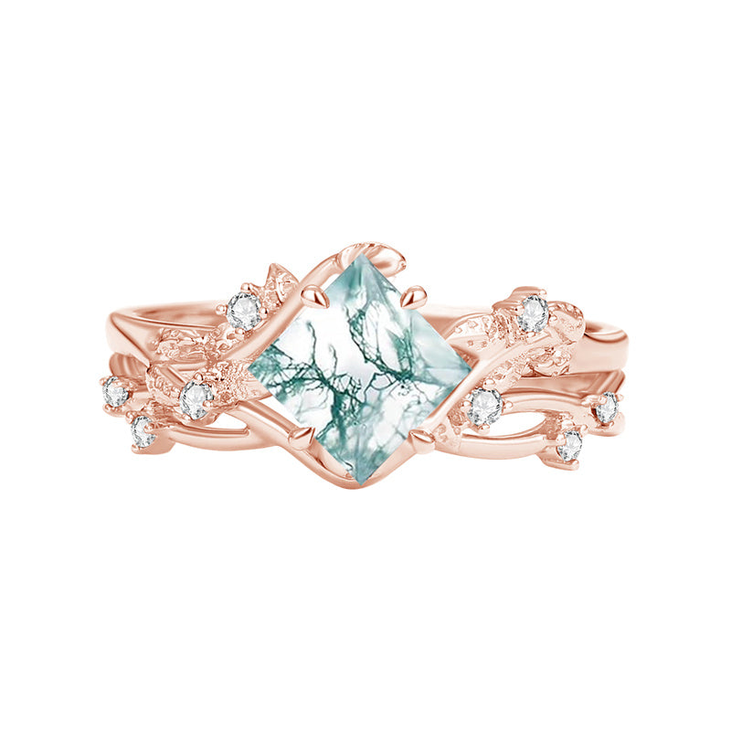 Sterling Silver Personalized Engraved Moss Agate Bridal Wedding Promise Engagement Ring Set for Women