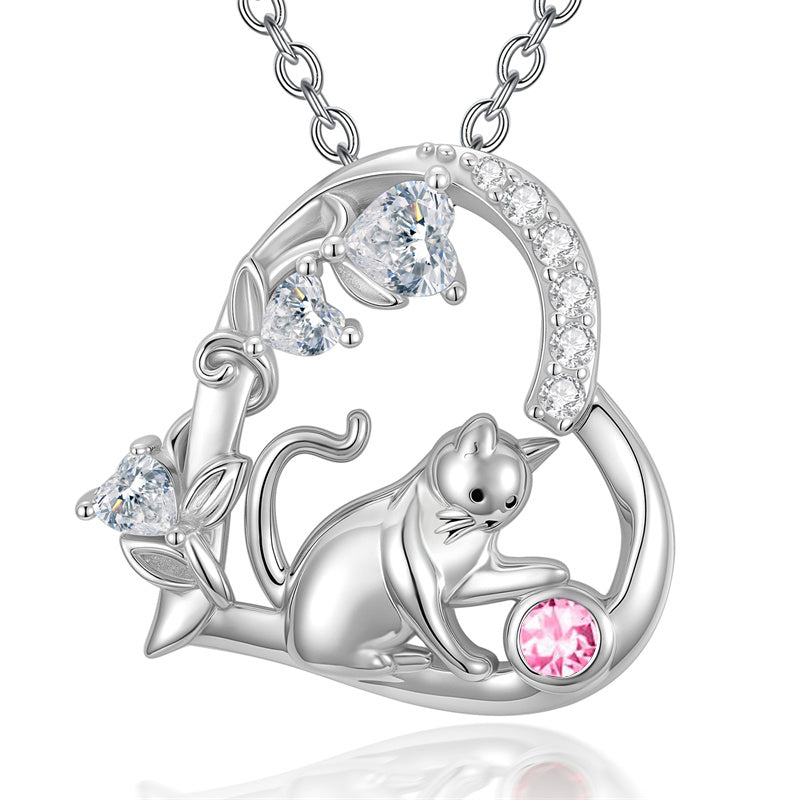 Sterling Silver 12 Month Birthstone Cat Pendant Necklace Gifts for Cat Lovers