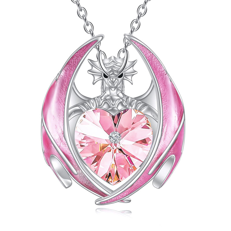 Sterling Silver Heart Shaped Crystal Birthstone Dragon Pendant Necklace