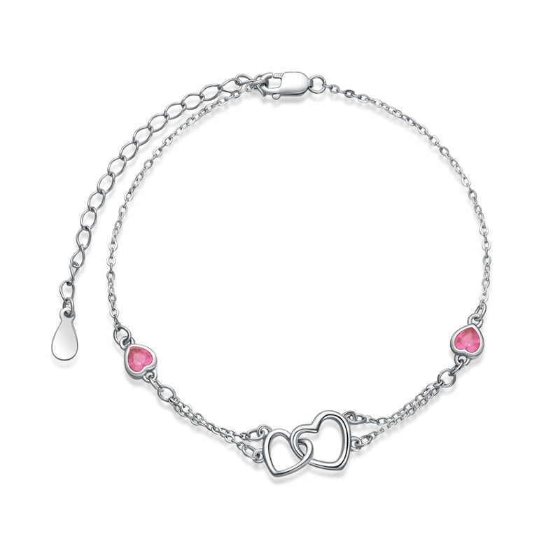 Sterling Silver Double Heart Birthstone Single Layer Anklet