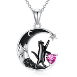 Sterling Silver Heart Birthstone Moon Star Black Cat Pendant Necklace