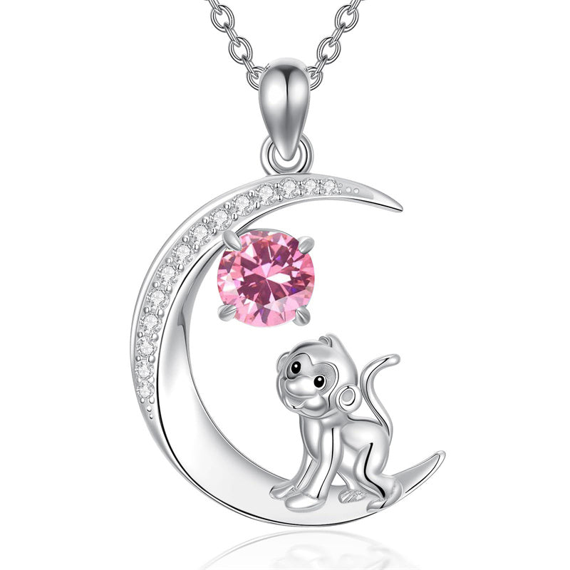 Sterling Silver Birthstone Cat Dog Monkey Pendant Necklace