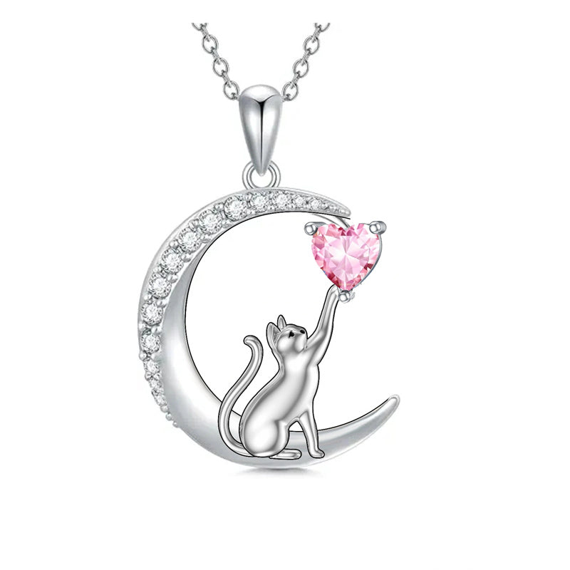 Sterling Silver Heart Birthstone Cat Pendant Necklace