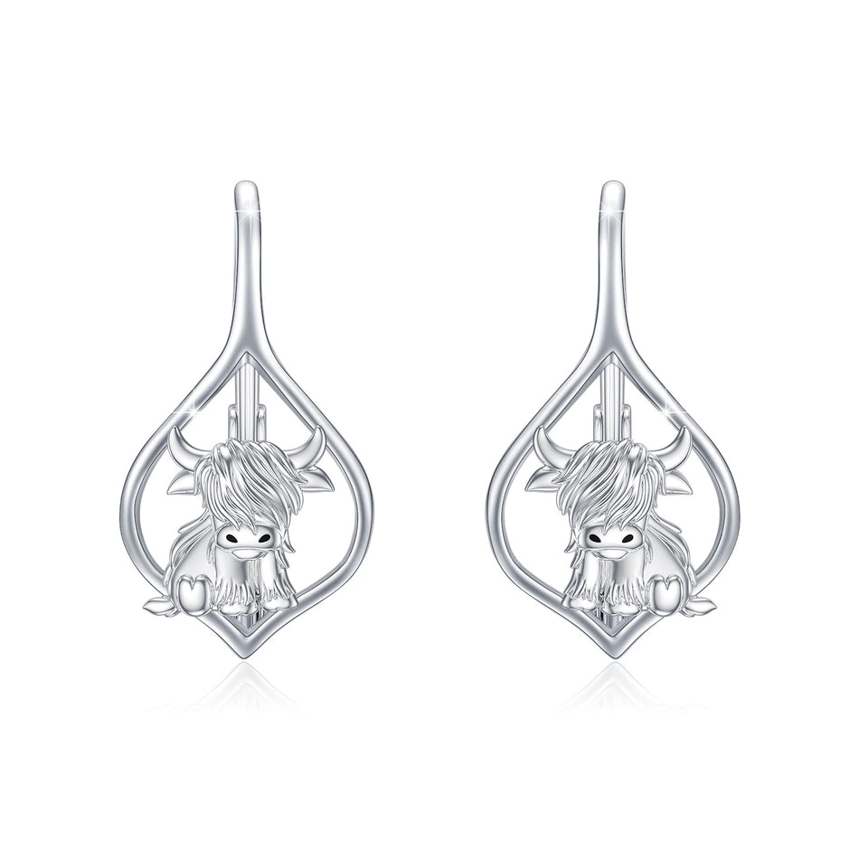Sterling Silver Highland Cow Dangle  Leverback Earrings