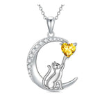 Sterling Silver Heart Birthstone Cat Pendant Necklace