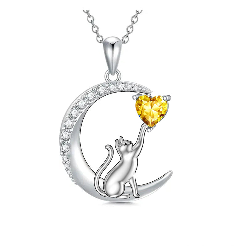 Sterling Silver Heart Birthstone Cat Pendant Necklace