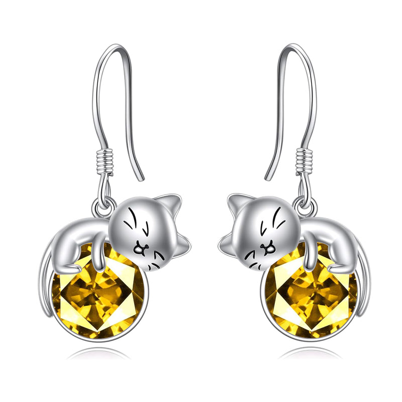 Sterling Silver Rose Quartz Birthstone Cat Dangle Earrings