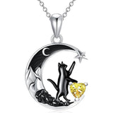 Sterling Silver Heart Birthstone Moon Star Black Cat Pendant Necklace