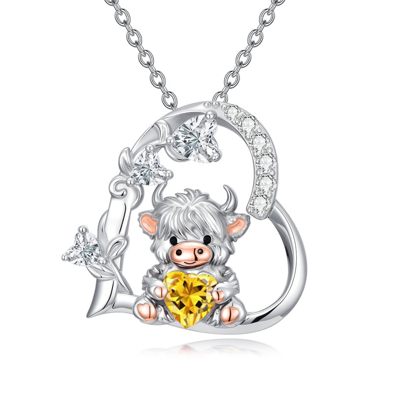 Sterling Silver Highland Cow Pendant Necklace Birthstone Necklace Gift for Women