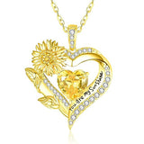 Sterling Sliver Birthstone Love Heart & Sunflower Pendant Necklace Engraved With You Are My Sunshine