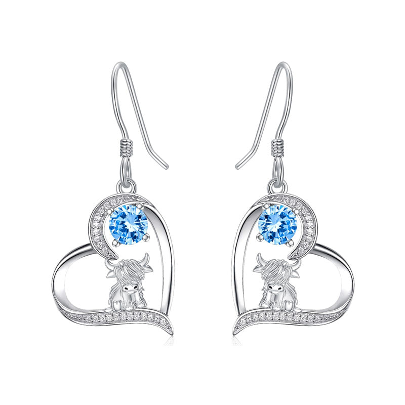 Sterling Silver Birthstone Highland Cow Dangle Earrings