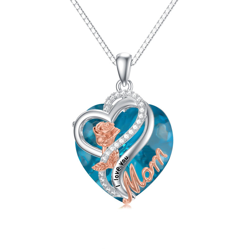 Sterling Silver Birthstone Heart Rose Pendant Necklace With Engraved