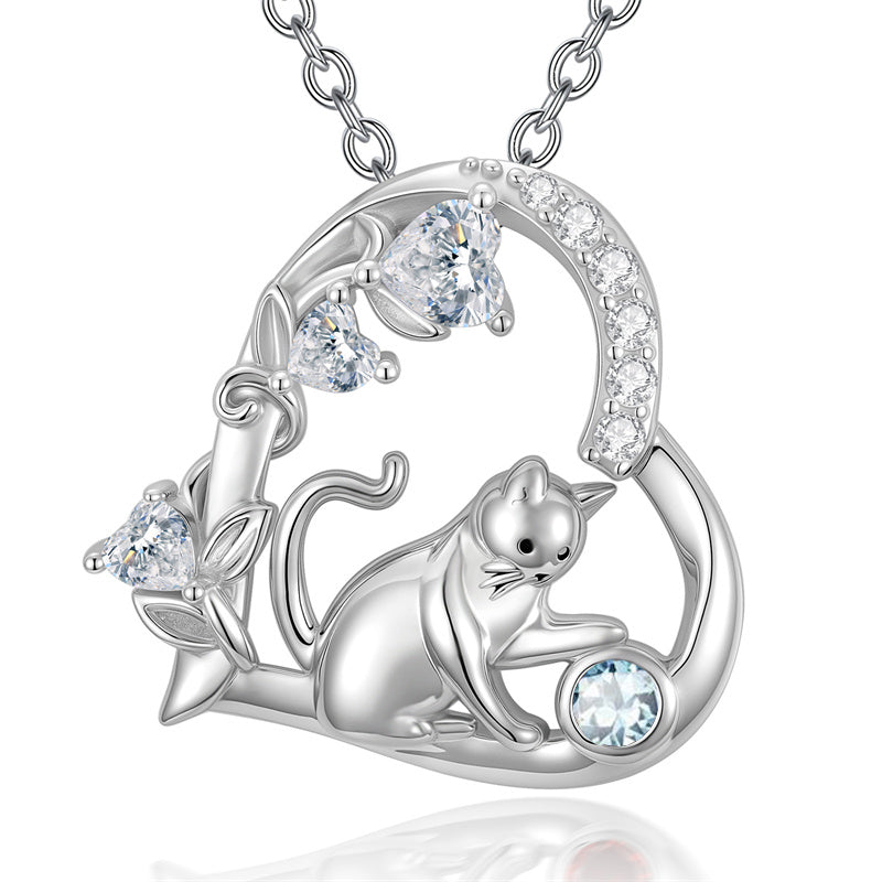 Sterling Silver 12 Month Birthstone Cat Pendant Necklace Gifts for Cat Lovers