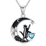 Sterling Silver Heart Birthstone Moon Star Black Cat Pendant Necklace