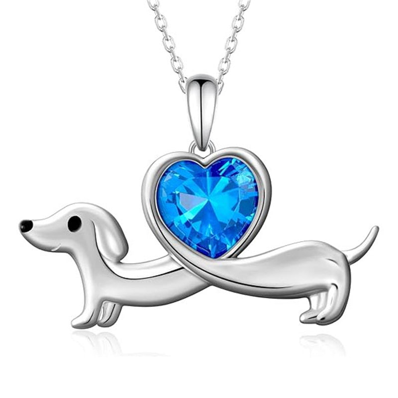 Sterling Silver Heart Birthstone  Dachshund Pendant Necklace