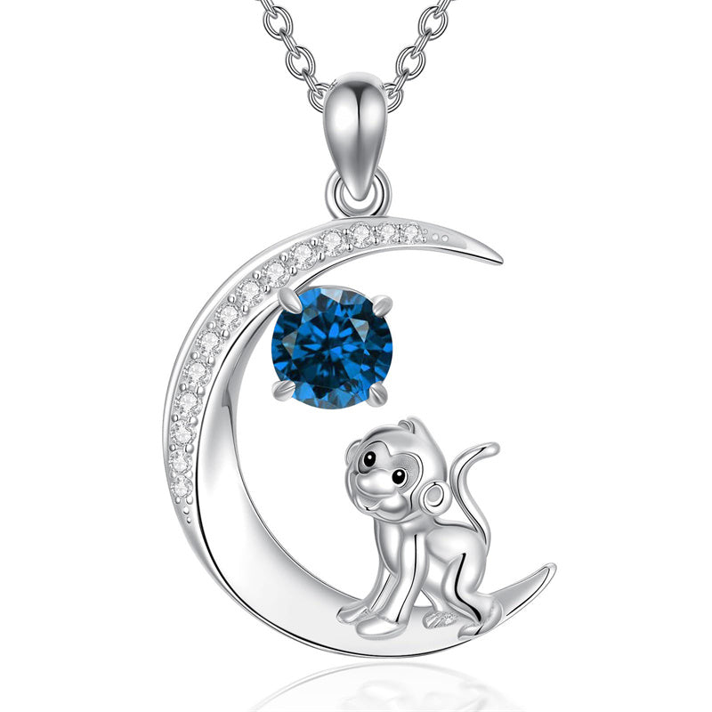 Sterling Silver Birthstone Cat Dog Monkey Pendant Necklace