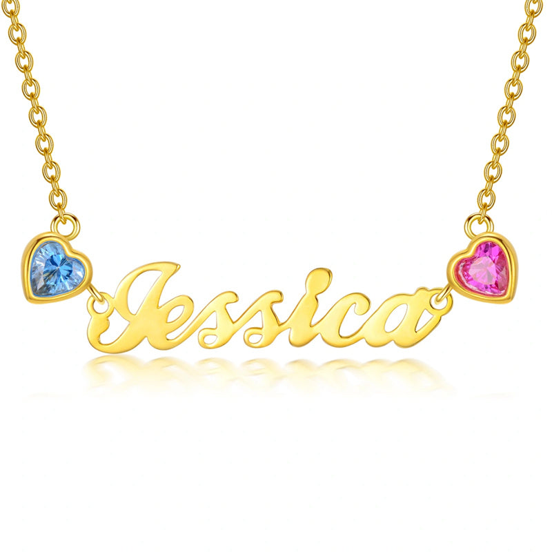 10K Gold 14K Gold 18K Gold 2 Heart Birthstone Personalized Name Pendant Necklace