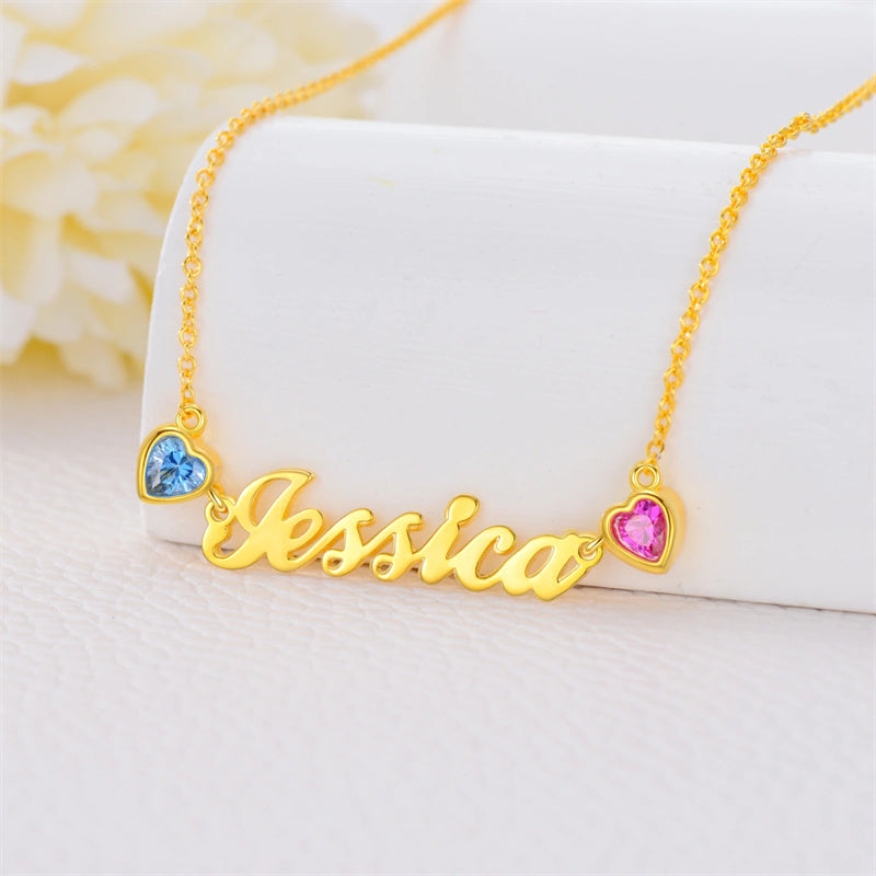 10K Gold 14K Gold 18K Gold 2 Heart Birthstone Personalized Name Pendant Necklace
