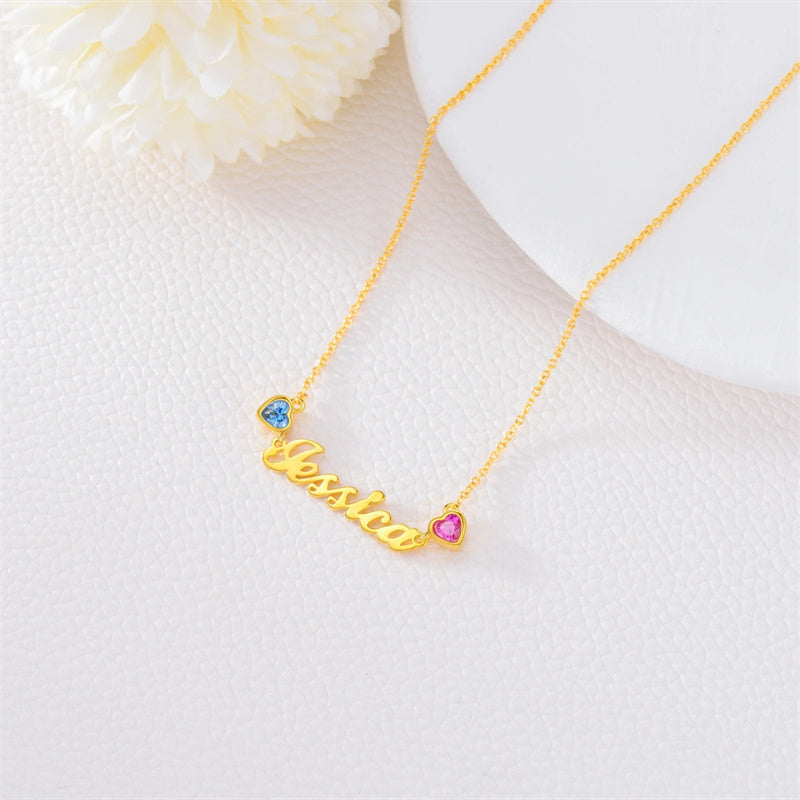 10K Gold 14K Gold 18K Gold 2 Heart Birthstone Personalized Name Pendant Necklace