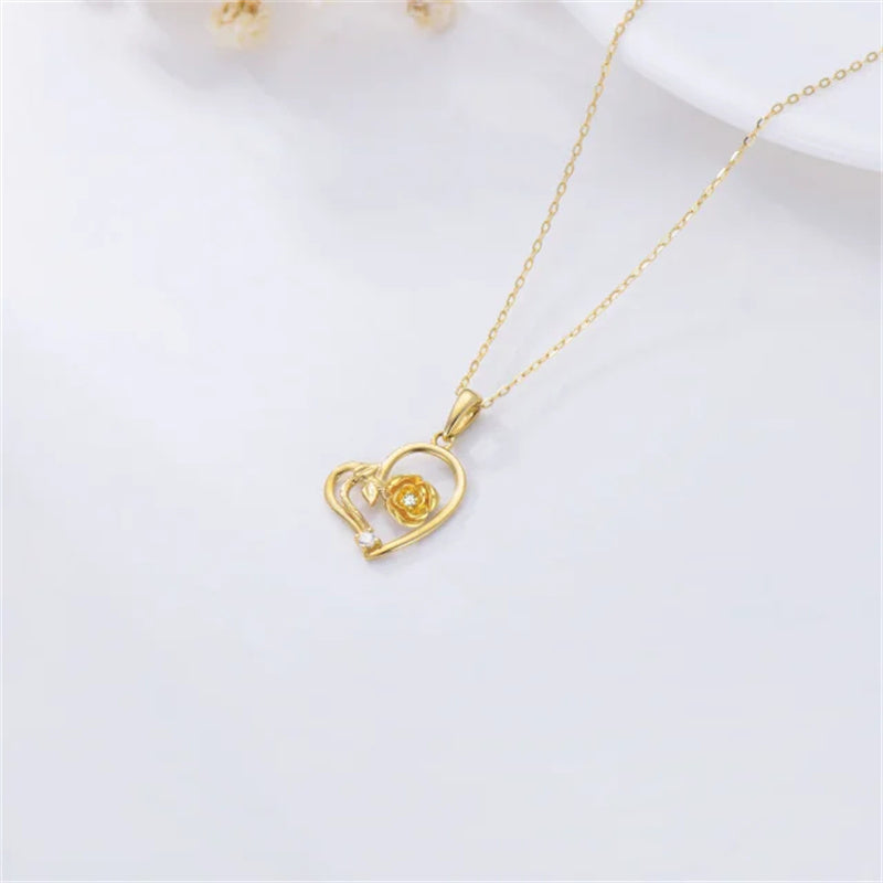 10K Solid Yellow Gold Rose Flower Pendant Necklace
