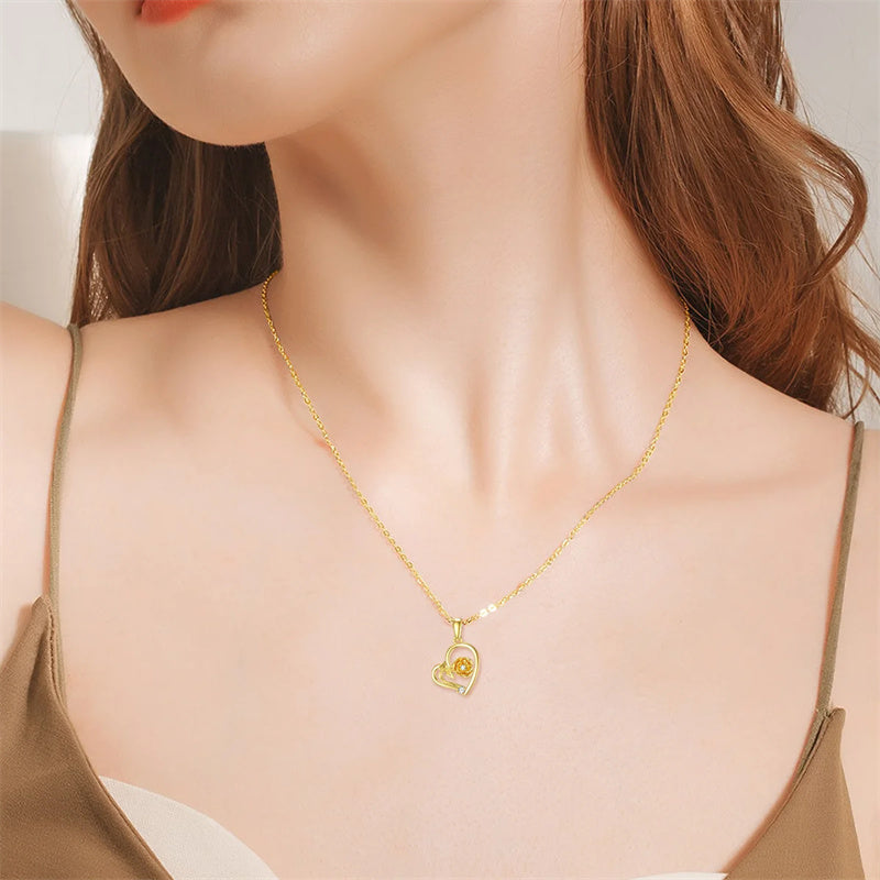 10K Solid Yellow Gold Rose Flower Pendant Necklace