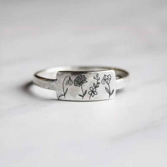 14K Gold Personalized Birth Flower Ring