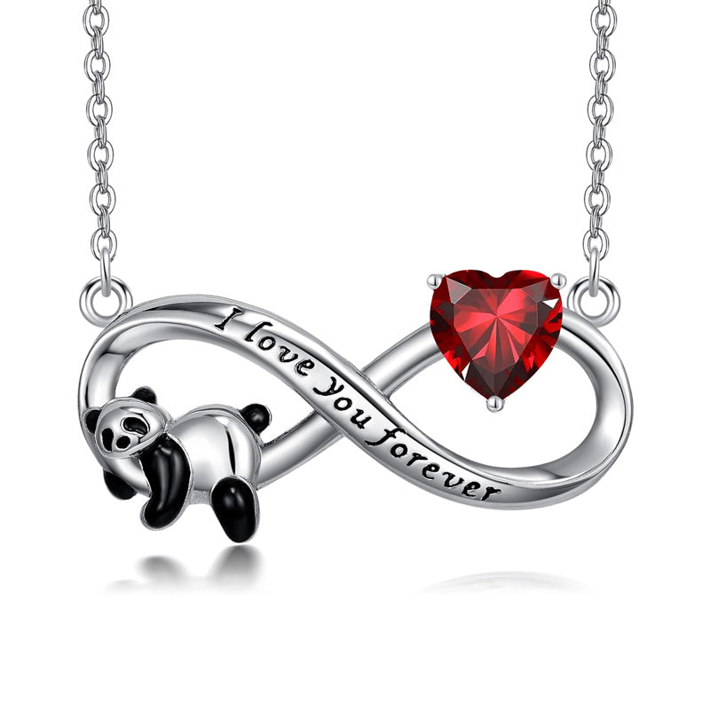 Sterling Silver Birthstone Infinity Panda Pendant Necklace Engraved with I Love Forever