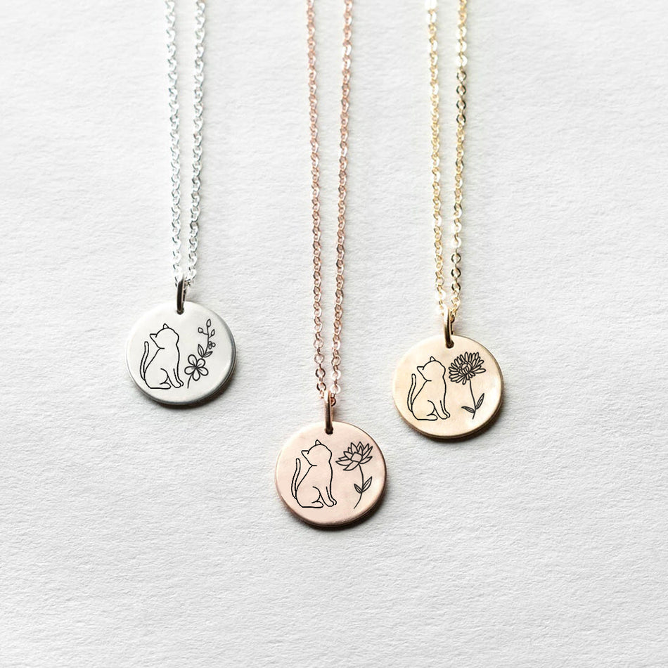 Sterling Silver Personalized Birth Flower Cat Pendant Necklace
