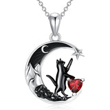 Sterling Silver Heart Birthstone Moon Star Black Cat Pendant Necklace