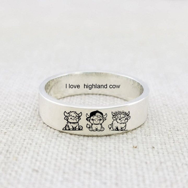 Sterling Silver Personalized Engraved Highland Cow Ring