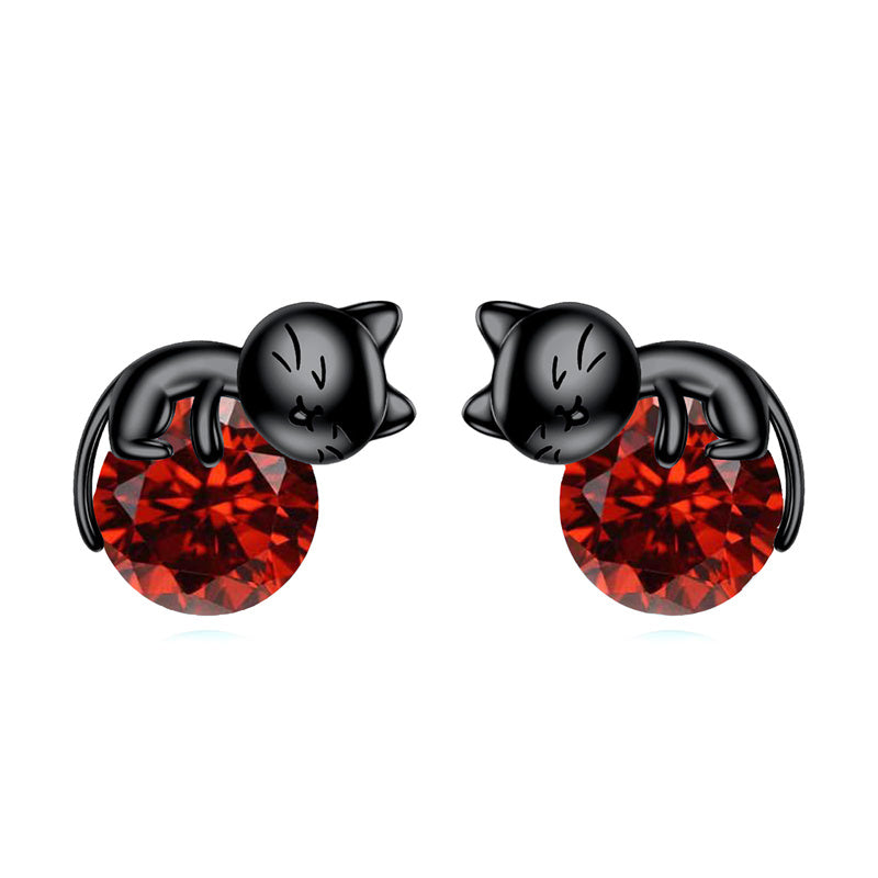 Sterling Silver Birthstone Cat Stud Earrings