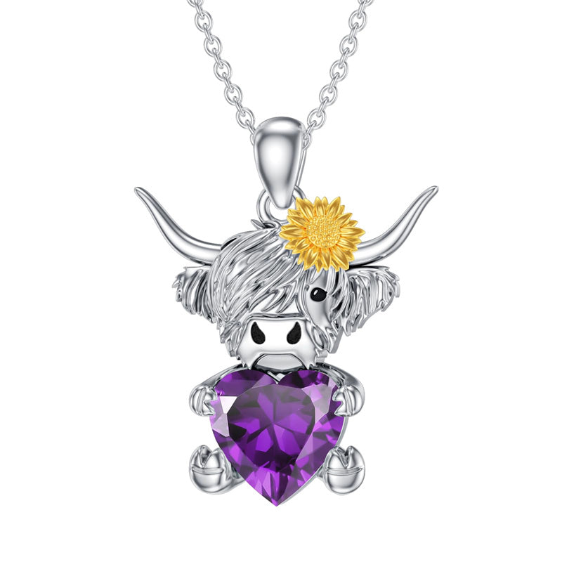 Sterling Silver Heart Birthstone Highland Cow Pendant Necklace