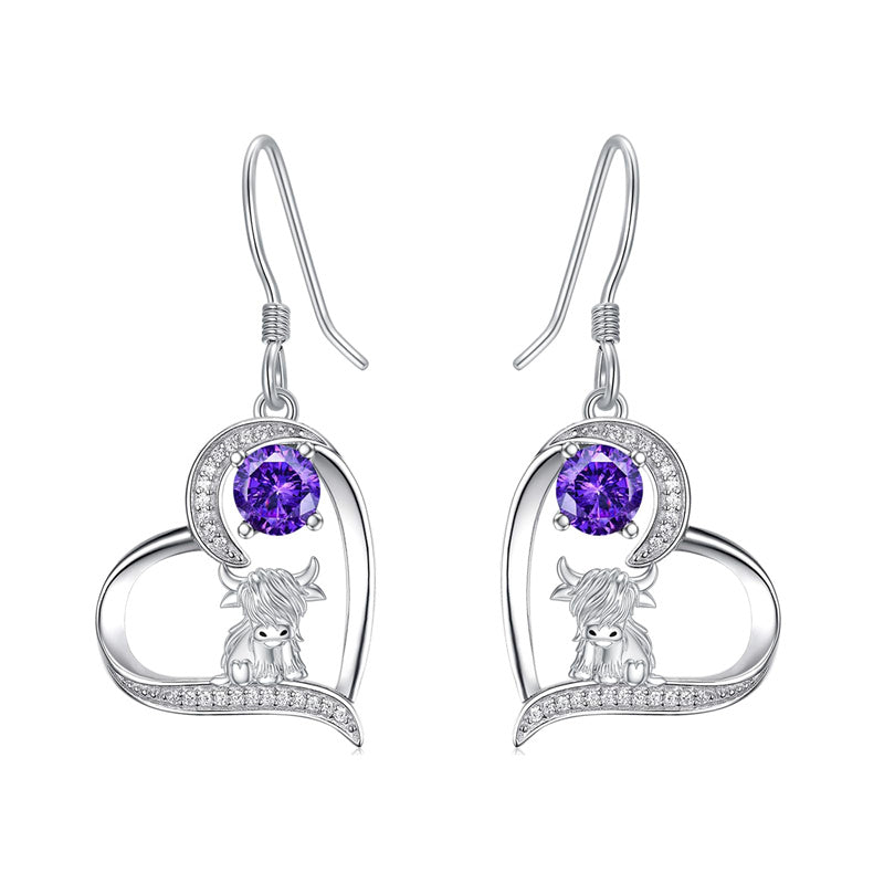 Sterling Silver Birthstone Highland Cow Dangle Earrings