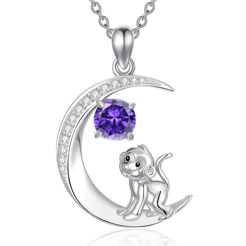 Sterling Silver Birthstone Cat Dog Monkey Pendant Necklace