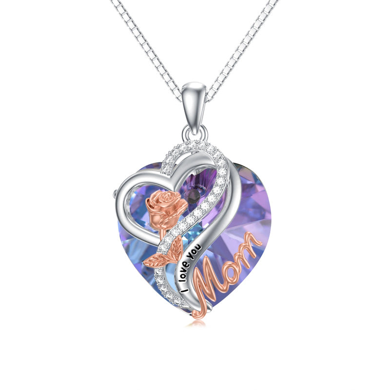 Sterling Silver Birthstone Heart Rose Pendant Necklace With Engraved