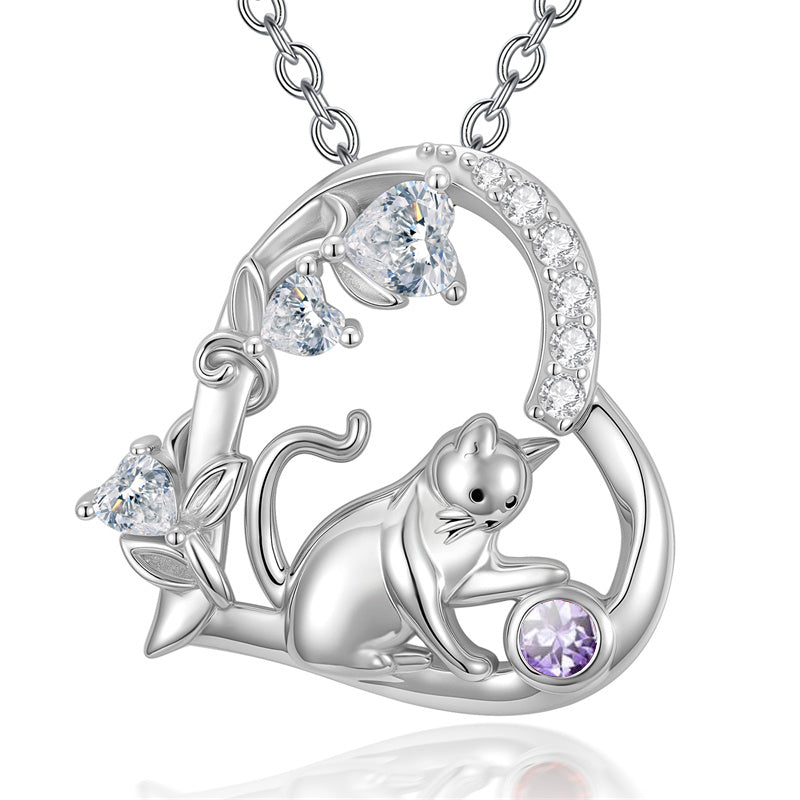 Sterling Silver 12 Month Birthstone Cat Pendant Necklace Gifts for Cat Lovers