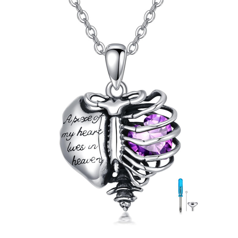 Sterling Silver Heart Birthstone Skeleton Urn Necklaces for Ashes