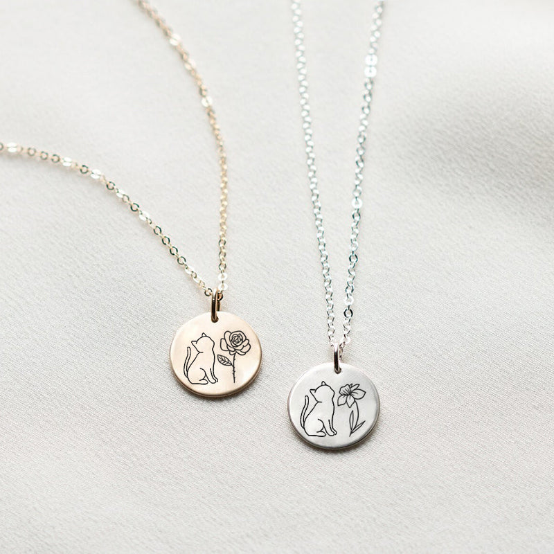 Sterling Silver Personalized Birth Flower Cat Pendant Necklace