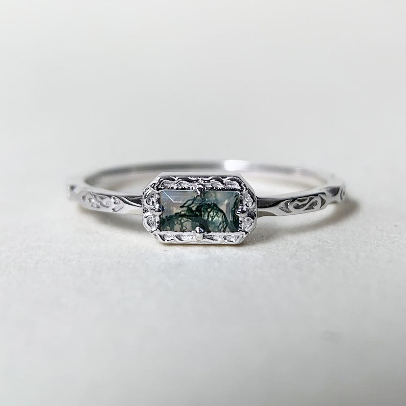 Sterling Silver Natural Moss Agate  Ring with Opal, Blue Topaz, Baguette, and Cubic Zirconia