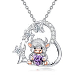 Sterling Silver Highland Cow Pendant Necklace Birthstone Necklace Gift for Women
