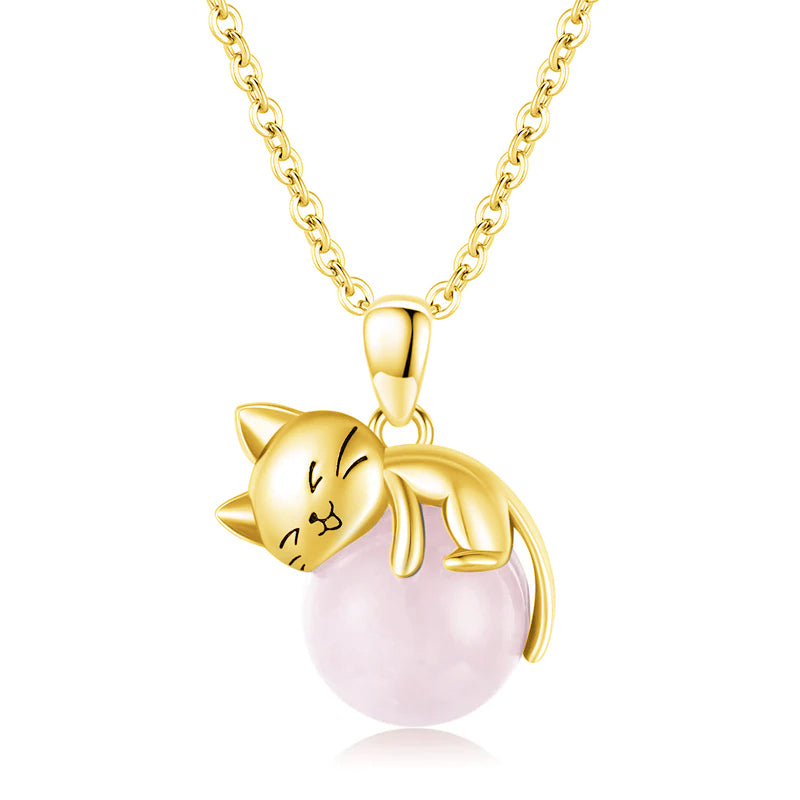 Sterling Silver Moonstone Pearl Rose Quartz Crystal Cat Pendant Necklace