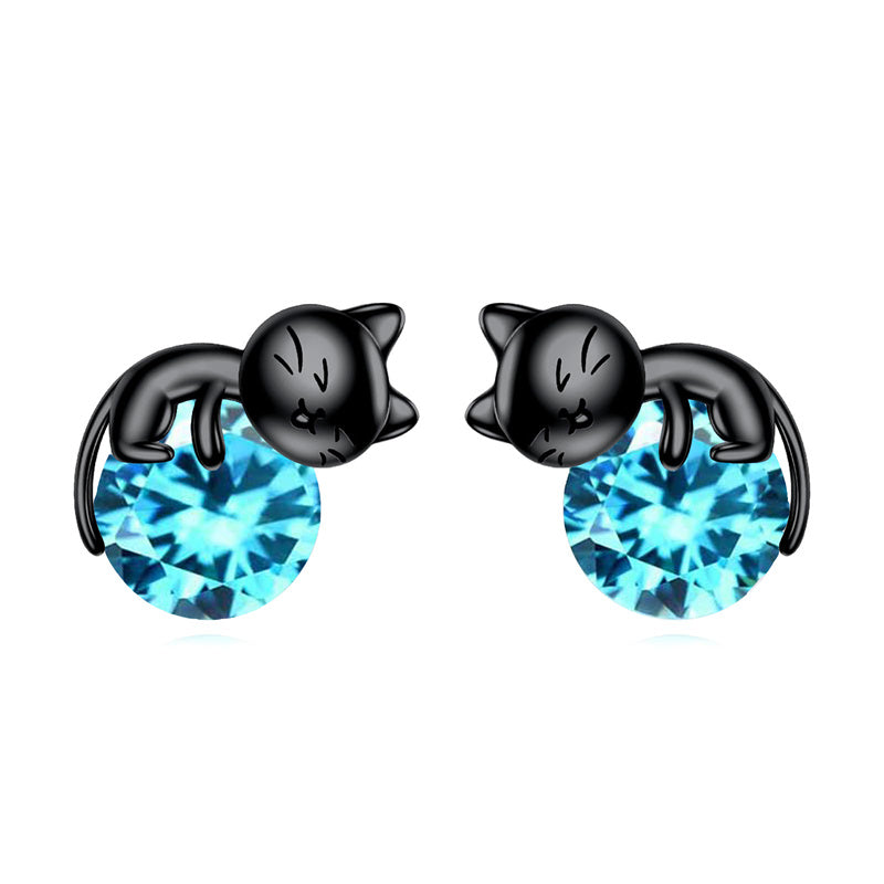 Sterling Silver Birthstone Cat Stud Earrings