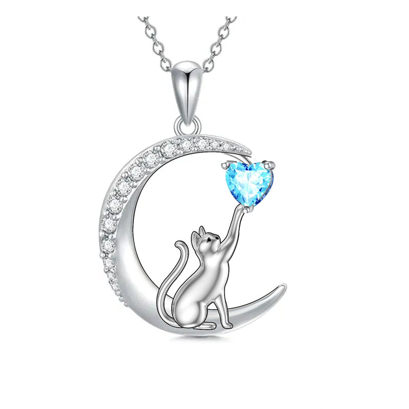 Sterling Silver Heart Birthstone Cat Pendant Necklace