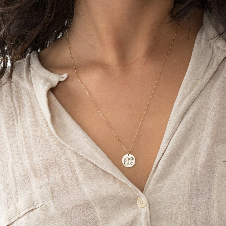 Sterling Silver Personalized Birth Flower Cat Pendant Necklace