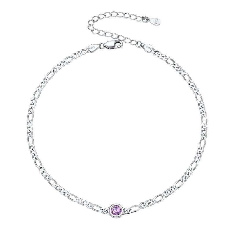 Sterling Silver Diamond Cut 3mm Round Birthstone Single Layer Anklet